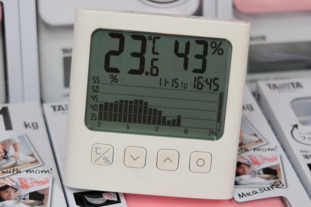 2022.11.15はかりや店内の湿度変化グラフ　TT-581 グラフ付きデジタル温湿度計