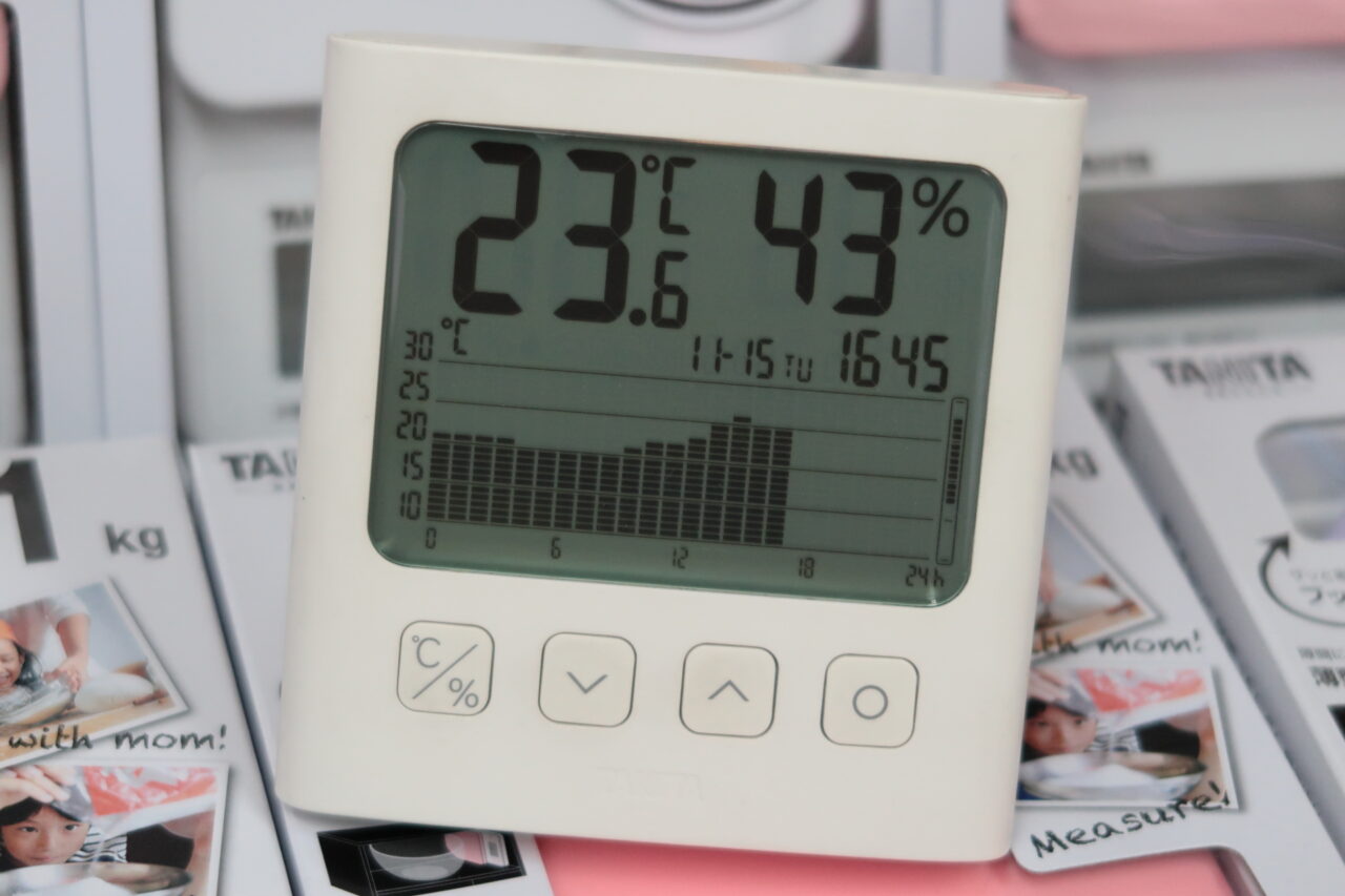 2022.11.15はかりや店内の温度変化グラフ　TT-581 グラフ付きデジタル温湿度計